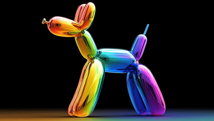 Iridescent neon shiny classic balloon dog. Rainbow holographic bubble animal isolated on dark background. 3d element for banner. Hologram Foil Aesthetic. Trendy creative gradient