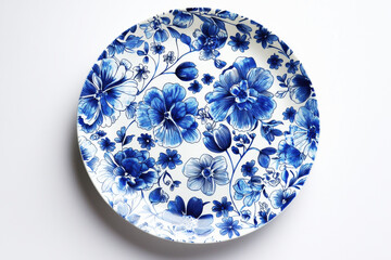 Intricate blue floral pattern dinner plate displayed on a clean white background under bright lighting