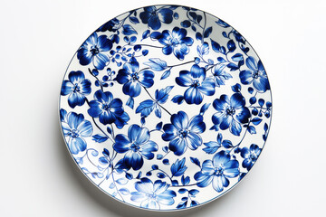 Intricate blue floral patterned round dinner plate displayed flat on a clean white background with vibrant colors and bright lighting