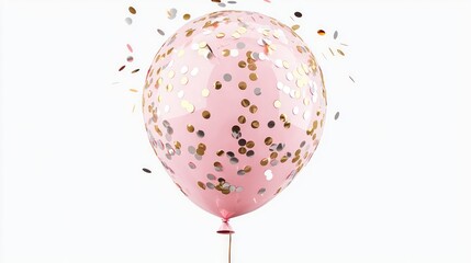 A high-resolution bright soft pink balloon adorned with scattered gold and silver confetti drifting...