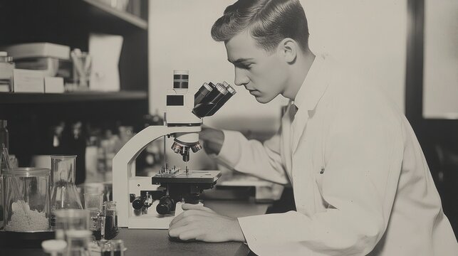 A Young Scientist at Work: A Black and White Photograph of a Man Using a Microscope in a Laboratory