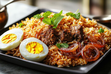 Royal platter of Hyderabadi biryani featuring fragrant rice, tender mutton, onions, and eggs, beautifully garnished