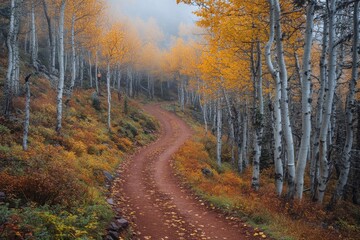 Fototapeta premium Autumn pathway through a misty forest with golden leaves and soft lighting