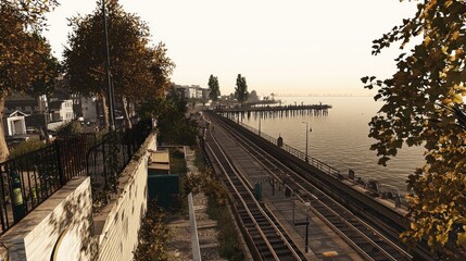 Coastal railway track autumn sunset seaside town