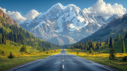 Fototapeta premium Panoramic view of a beautiful mountain road in front of snow-capped mountains.