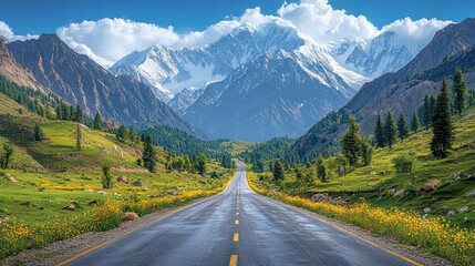 Naklejka premium A winding road leads through a valley in the mountains, with snow capped peaks and lush greenery