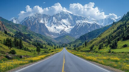 Naklejka premium Panoramic view of a beautiful mountain road in front of snow-capped mountains.
