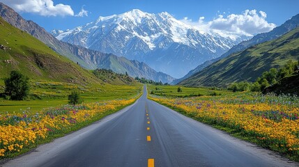 Naklejka premium A winding road leads through a valley in the mountains, with snow capped peaks and lush greenery