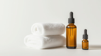 Minimalist Skincare Arrangement with Natural Oils, Creams, and Serums Alongside Soft Towels on a White Background with Ample Space for Branding