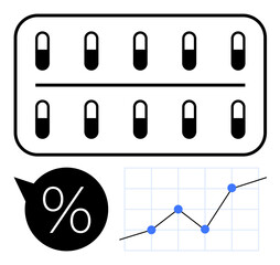 Blister pack with capsules, percentage speech bubble, and line graph with data points. Ideal for healthcare, pharmaceuticals, medication costs, data trends, market analysis, statistics abstract line