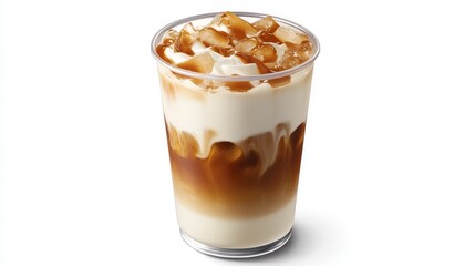 Iced caramel macchiato in a plastic cup, showing the beautiful swirls of coffee, milk, and caramel isolated