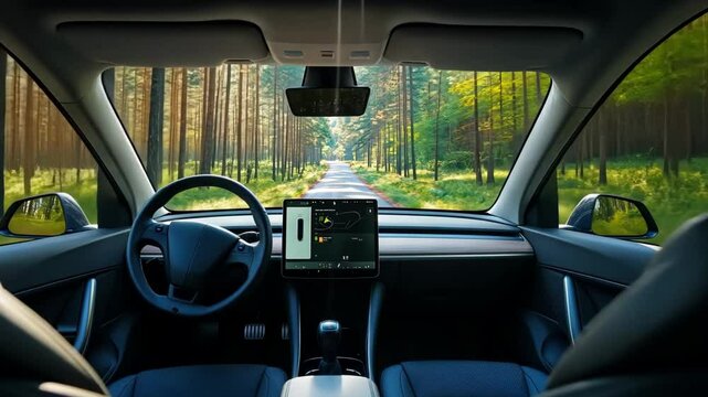 autonomous electric car driving in the forest