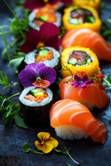Fototapeta premium sushi rolls with salmon and wasabi