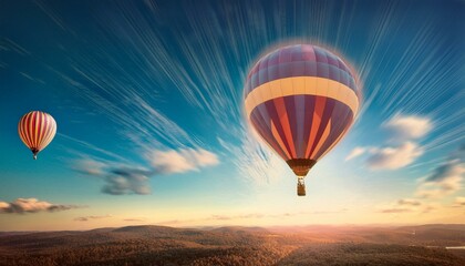 Naklejka premium 뜨거운 공기 풍선이 떠오르는 모습, 고도가 높아질수록 풍선의 색이 점점 밝아지는 표현