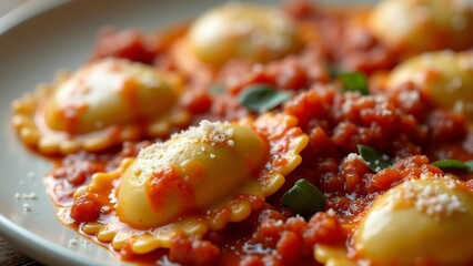 The image shows a plate of ravioli with tomato sauce. The raviolis are arranged in a circular pattern on a white plate.