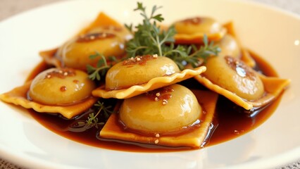 The image shows a plate of ravioli, a type of Italian dish, on a white plate. The raviolis are arranged in a circular pattern and are covered in a thick, dark sauce.