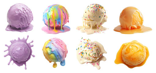 Set of melt melting Ice cream scoop ball, top front view on transparent cutout PNG file. Many different flavour, Rainbow, sprinkle vanilla, orange, grape. Mockup template for artwork design