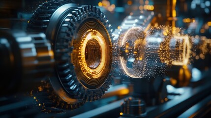 The mesh of machinery is captured with glowing fibers visually interconnecting different parts symbolizing the intricate web of realtime communication enabled by 5G technology.