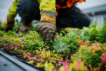 Naklejka premium Gardening enthusiasts cultivate vibrant plants in a community project at dawn, transforming the landscape with lush greenery and colorful flowers