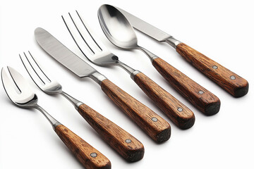 Naklejka premium Rustic cutlery set with wooden handles and polished stainless steel blades arranged in diagonal layout on white background
