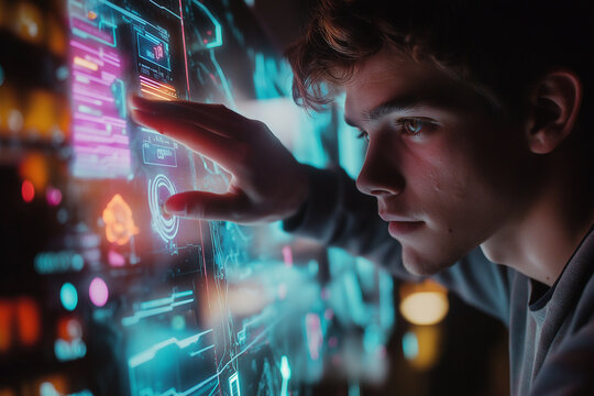 Man Adjusting Smart Home System in Stylish, High-Tech Living Room