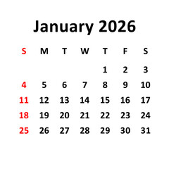 January 2026. Calendar with holydays or red dates. monthly calendar design with week starts on sunday. printable, simple, and clean vector design isolated on white background.