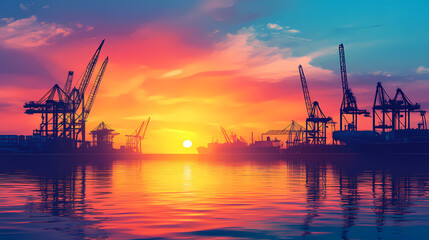 Obraz premium A serene sunset over the water, featuring towering cranes silhouetted against the colorful sky, symbolizing industry and maritime activity. Serene Harbor. Illustration