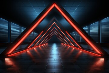 3d render, abstract geometric background. Pyramid of neon light isolated on black. Blue pink laser...