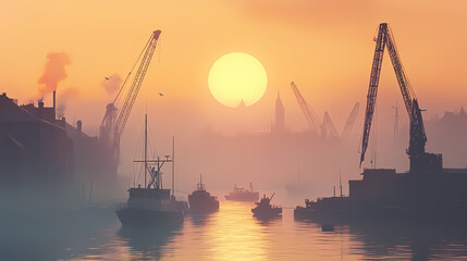Obraz premium Misty dawn at a harbor with a crane, boats, and buildings. Serene Harbor. Illustration
