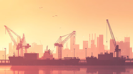 Port view with cranes and ships under a hazy sky a serene industrial scene capturing maritime logistics, photography of industry concept. Serene Harbor. Illustration