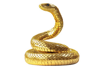 Coiled golden snake sculpture with detailed scales isolated on white transparent background, reptiles or wildlife, symbolizing Chinese Lunar New year