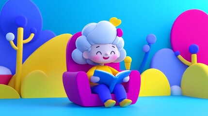 Obraz premium Grandmother Reading Book Playful 3D cartoon style illustration.