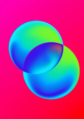 A minimalist digital art piece featuring two overlapping, neon blue and green circles on a vibrant pink background. The circles have a soft, gradient effect and create a sense of balance and harmony
