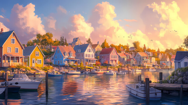 Vibrant coastal village at sunset: a picturesque harbor town with colorful houses and tranquil waters, bathed in the warm glow of the setting sun. Serene Harbor. Illustration