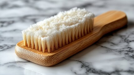 Natural bamboo toothbrush on a marble surface with bristles ready for use during daily dental care routine