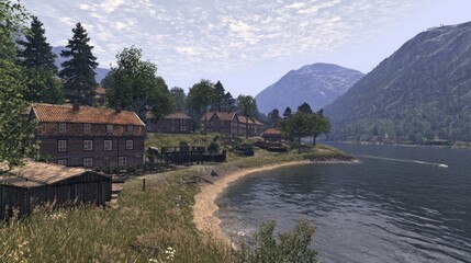 Lakeside village, mountain backdrop, tranquil scene, summer