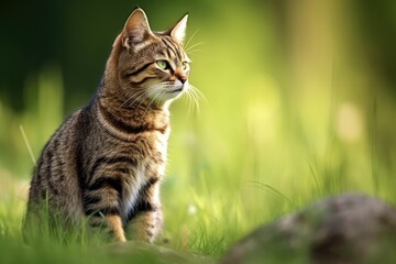 Fototapeta premium European Wildcat - Felis Silvestris - Looking Behind over Shoulder in Summer Meadow with Copy Space. Elegant Mammal Predator in Green National Park