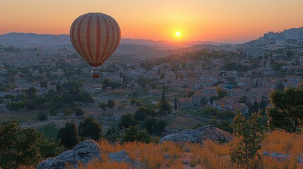 Hot Air Balloon Soaring Over Sunset Town