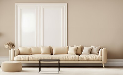 Mock up poster frame in modern interior background, beige living room, Scandinavian style. Mockup poster frame on the wall of living room with sofa and table on empty white wall background.