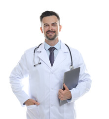 Smiling doctor with stethoscope and laptop isolated on white