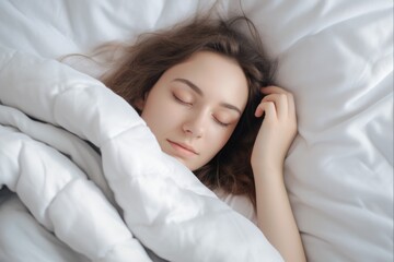 Female Resting Comfortably Under Weighted Blanket in Bright Bedroom for Relaxation and Napping during Domestic Life