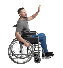 Obraz premium Man in wheelchair waving at someone on white background