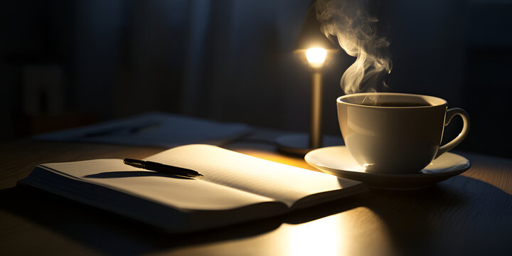 Notebook and pen on a wooden table with steaming coffee in the glow of a desk lamp, evoking creativity for World Writers' Day