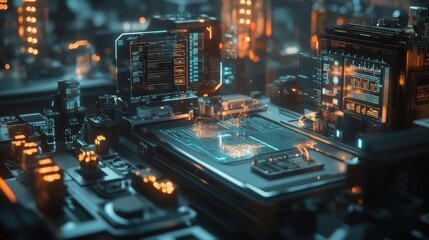 Fototapeta premium An assembly line featuring interconnected smart tools each tool displaying data metrics on small screens linked by a radiant web of 5G connectivity symbols.