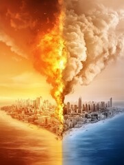 Fototapeta premium City Divided by Fire and Ice - A city is split in two, one half engulfed in flames, the other frozen in ice, symbolizing environmental disaster or conflict.