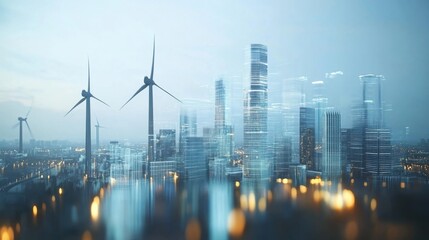 Fototapeta premium A minimalist holographic view emphasizing harmony between nature and technology showcasing elegant wind turbines and sleek solar panels integrated seamlessly within the urban fabric.