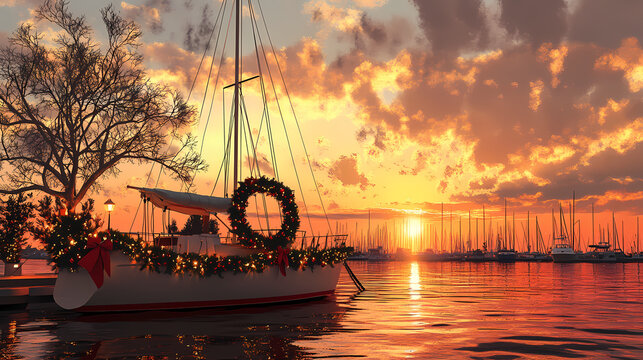 A festive boat adorned with a christmas wreath and decorations, set against a serene marina at sunset. Serene Harbor. Illustration