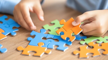 A young child focused on connecting puzzle pieces, playful approach to problemsolving and cognitive development