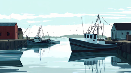 A serene harbor scene featuring boats, ropes, and a calm waterway. harbor. illustration. Serene Harbor. Illustration