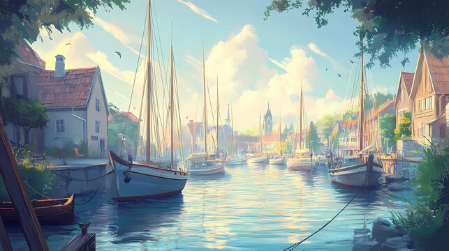 A serene harbor scene featuring boats, ropes, and a calm waterway. harbor. illustration. Serene Harbor. Illustration